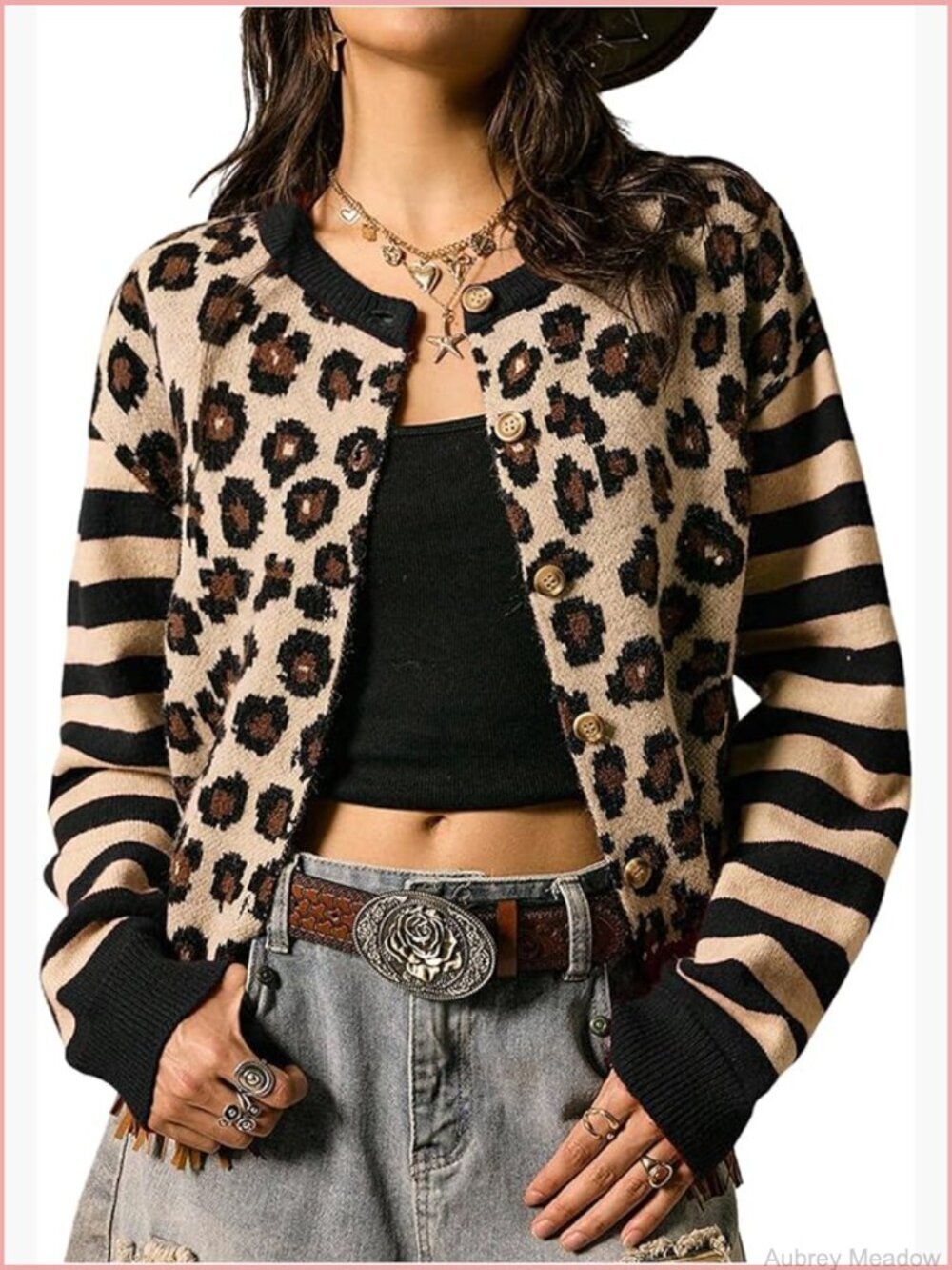 Striped Leopard Print Button Down Long Sleeve Crew Neck Knitted Cardigan Sweater